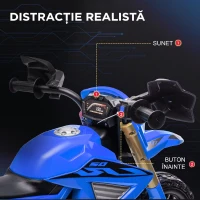AIYAPLAY Motocicletă electrică pentru copii 3-8 ani, cu 2 motoare 12V, roți ajutătoare și claxon, 3 km/h, 30 kg, albastru(m-6)