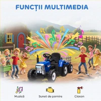 HOMCOM Tractor Electric pentru Copii cu Remorcă Detașabilă, Telecomandă, Port USB, Muzică și Lumini, 3-6 Ani, Albastru(m-6)