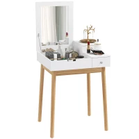 HOMCOM Schminktisch Frisiertisch Kosmetiktisch mit aufklappbarem Spiegel Holzfüße Weiß+Natur 60 x 50 x 85,5cm(m-12)