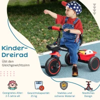 AIYAPLAY Kinderdreirad mit Beckengurt, 2 Körben, höhenverstellbarer Sitz, Metallrahmen, für Kinder 2-5 Jahre, schwarz+rot(m-4)