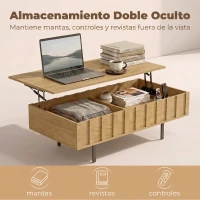 HOMCOM Mesa de Centro Elevable Mesa de Café para Salón con 2 Compartimentos Ocultos Patas de Metal 110x55x36,5 cm Roble(m-5)