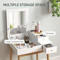 HOMCOM Schminktisch Frisiertisch Kosmetiktisch mit aufklappbarem Spiegel Holzfüße Weiß+Natur 60 x 50 x 85,5cm(m-5)