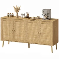 HOMCOM Rattan Sideboard mit 4 Türen, Boho Küchenbuffet mit 2 verstellbaren Einlegeböden, Holzoptik natur(m-11)