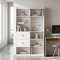 HOMCOM Bibliothèque, Étagère 6 Niveaux, 120 x 30 x 200 cm, Meuble de Rangement avec 2 Tiroirs et Panneau Perforé, Blanc(m-8)