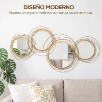 HOMCOM Decoración de Pared de Metal 3D de Espejos Redondos Adorno Metálico para Salón Dormitorio Comedor 107x56cm Dorado(m-4)