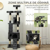 PawHut Pom pentru pisici cu 3 platforme, 2 căsuțe și jucării suspendate, din lemn și pluș, 49x49x173 cm, gri(m-17)