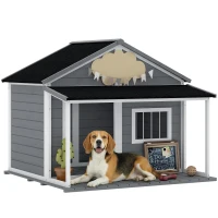 PawHut Cuccia per Cani da Esterno con Terrazza, Finestra e Tetto Impermeabile, 124x112x105cm, Grigio(m-1)