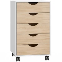 HOMCOM Büroschubladenkommode auf Rollen mit 5 Schubladen, mobiler Aktenschrank für Arbeitszimmer Wohnzimmer 40x40x67 cm Weiß und Natur(m-1)