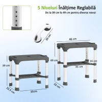 HOMCOM Scaun de Duș din Aluminiu cu Raft Integrat, Înălțime Reglabilă pe 5 Niveluri, Suport 150kg, Gri(m-3)