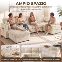 HOMCOM Divano Modulare a U 4 Posti con 2 Pouf Contenitori in Velluto a Coste, 4 Cuscini, Bianco Crema(m-3)
