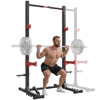 SPORTNOW Power Tower Multifonction Charge 500 kg Largeur Réglable, Barre de Traction, Rack de Squat, 176x106x212cm, Rouge(m-14)