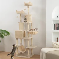 PawHut Tiragraffi per Gatti Alto 206 cm con 4 Pali Graffiatoi, Grotte, Cesti, Amache, per 1-3 Gattini 6 kg, Beige(m-2)