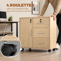 HOMCOM Caisson bureau meuble de rangement verrouillable avec 3 tiroirs et étagère réglable, roulettes, 40 x 60 x 56 cm, marron clair(m-7)