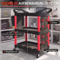 HOMCOM Gereedschapswagen met 3 niveaus, geperforeerde panelen, haken en gereedschapsbak, zwart/rood(m-4)