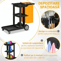 HOMCOM Cărucior de Curățenie cu 3 Rafturi, Cârlige și Sac de 100L, 121x50.5x96.5 cm, Negru, Galben și Gri(m-4)