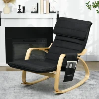 HOMCOM Silla Mecedora con Reposapiés Ajustable en 5 Posiciones Bolsillo Lateral Reposabrazos de Madera Reposacabezas Negro(m-9)