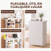 HOMCOM Mesa Plegable de Costura con Compartimentos de Almacenamiento Estante Abierto y 5 Ruedas para Dormitorio Salón Blanco(m-6)