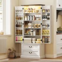 HOMCOM Buffet haut cuisine, armoire de cuisine, LED à capteur, 2 portes, tiroirs et étagères réglables, 76x39,5x183cm, blanc(m-10)