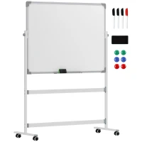 HOMCOM Tableau blanc magnétique double face effacable rotatif mobile avec support, aimants, marqueurs, gomme et roulettes(m-11)