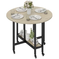 HOMCOM Klaptafel, Tafel met inklapfunctie en open opbergrek, Verrijdbare keukentafel voor eetkamer, kleine ruimtes, Naturel(m-10)