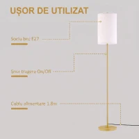 HOMCOM Lampadar cu Abajur din In și Dulie E27, In și Oțel, 25,5x25,5x157 cm, Auriu(m-5)