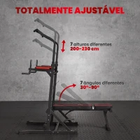 HOMCOM Estação de Musculação Dobrável com Barra de Elevações, Altura Ajustável e Banco Reclinável, Preto e Vermelho(m-5)