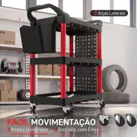 Carrinho de Ferramentas HOMCOM de 3 Níveis com Painéis Perfurados, Ganchos, Balde de Arrumação e Rodas, Preto e Vermelho(m-5)