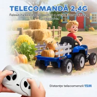 HOMCOM Tractor Electric pentru Copii cu Remorcă Detașabilă, Telecomandă, Port USB, Muzică și Lumini, 3-6 Ani, Albastru(m-5)