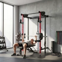 SPORTNOW Station de Musculation Pliable 700 kg Hauteurs Réglables avec Poulies Doubles, Supports de Barre, 184x123x209cm, Rouge(m-16)