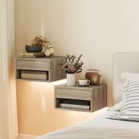 HOMCOM Set 2 Comodini Sospesi con LED RGB Integrati e Regolabili con APP, Cassetto e Ripiano, 37x32x21 cm, Color Legno(m-2)