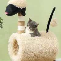 PawHut Albero Tiragraffi per Gatti a Forma di Pecora con Naso Nero, Pali in Juta, Tunnel e Pallina, Marrone Chiaro(m-7)