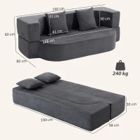 HOMCOM Schlafsofa, Bodensofa ohne Gestell mit dickem, hochdichtem Schaumstoff, breitem und tiefem Sitz, dunkelgrau(m-3)