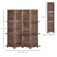 HOMCOM Biombo Plegable de 4 Paneles de Madera 162x170 cm Biombo Separador de Ambientes con 3 Estantes Nogal(m-3)