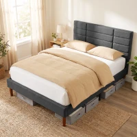 HOMCOM Cama Tapizada 140x200 cm con Cabecero Acolchado de Rejilla Almacenaje Inferior Láminas de Madera Gris(m-9)