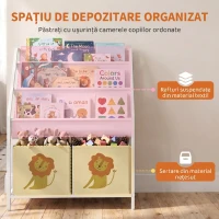 AIYAPLAY Bibliotecă Montessori pentru Copii 3-8 Ani cu 4 Rafturi și 2 Cutii cu Imprimeu Leu, Alb(m-4)