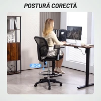 Scaun Rotativ HOMCOM cu Inel pentru Picioare și Spătar Curbat, din Poliester, Spumă și Plastic, 55x58x94 cm, Negru(m-5)