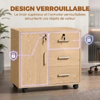 HOMCOM Caisson bureau meuble de rangement verrouillable avec 3 tiroirs et étagère réglable, roulettes, 40 x 60 x 56 cm, marron clair(m-5)