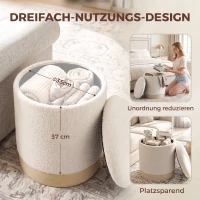 HOMCOM 38 cm Rundhocker mit Sherpa-Bezug, Aufbewahrung und Holzoptik-Metallfuß, Cremeweiß(m-6)