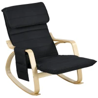 HOMCOM Silla Mecedora con Reposapiés Ajustable en 5 Posiciones Bolsillo Lateral Reposabrazos de Madera Reposacabezas Negro(m-10)