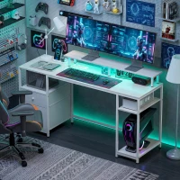 HOMCOM Masă de birou cu lumini LED, sertare, prize, porturi USB și suport pentru monitor 155,5x48x88,5 cm Alb(m-4)