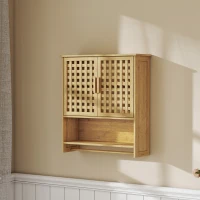 HOMCOM Dulap de perete pentru baie din bambus cu 2 uși ventilate, compartiment deschis și poliță reglabilă, lemn natural(m-2)