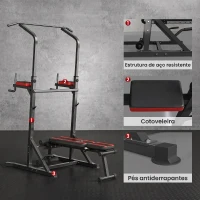 HOMCOM Estação de Musculação Dobrável com Barra de Elevações, Altura Ajustável e Banco Reclinável, Preto e Vermelho(m-7)