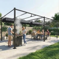 Outsunny Pérgola de Jardín 6x3 m con Techo Retráctil Protección UPF50+ Drenaje Cenador de Jardín para Patio Exterior Gris Oscuro(m-8)