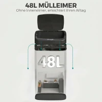 HOMCOM 48 L Sensor-Mülleimer für Küche oder Büro, automatische Schließ-Funktion, Edelstahl, Schwarz(m-6)