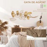 HOMCOM Decoratiune de perete 3D Moderna Frunze de Ginkgo Sculpturi de Perete Agatate Decor pentru Sufragerie Dormitor Sufragerie, Auriu(m-5)