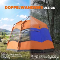 Outsunny Doppellagiges Instant-Pop-Up-Zelt mit Regenschutz, Outdoor Familienzelt für 4 Personen wasserdicht sechseckig 4 Jahreszeiten Kuppelzelt mit Bodenplane 2 Türen Moskitonetz Tragetasche Orange(m-5)