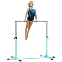 HOMCOM Gymnastik-Turnreck, Reckstange, 13-stufig höhenverstellbar, bis 75 kg belastbar, Stahl, Buchenholz, Hellblau(m-12)