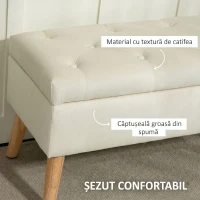HOMCOM Taburet cu Depozitare In Catifea Picioare In Lemn Di Cauciuc 80x35x42 cm Crem(m-5)