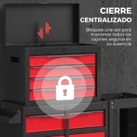 HOMCOM Carro de Herramientas con Ruedas 3 en 1 con 5 Cajones y Armario Inferior Paneles Perforados y Cerradura Negro y Rojo(m-9)