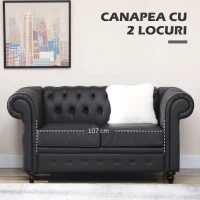HOMCOM Canapea cu 2 Locuri Stil Chesterfield, PU, Lemn Masiv, 160 x 84 x 80 cm, Negru(m-17)